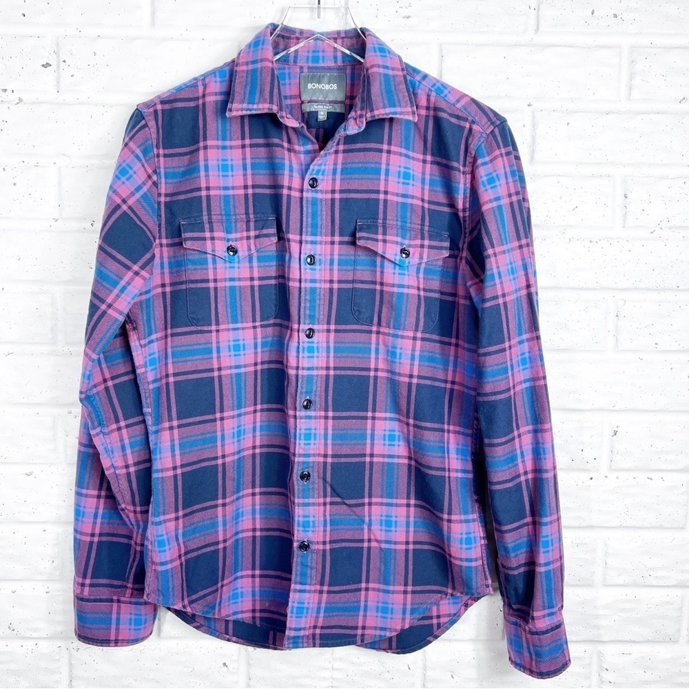 BONOBOS Women’s Tailored Flannel Button Up Ling Sleeve Shirt blue & pink